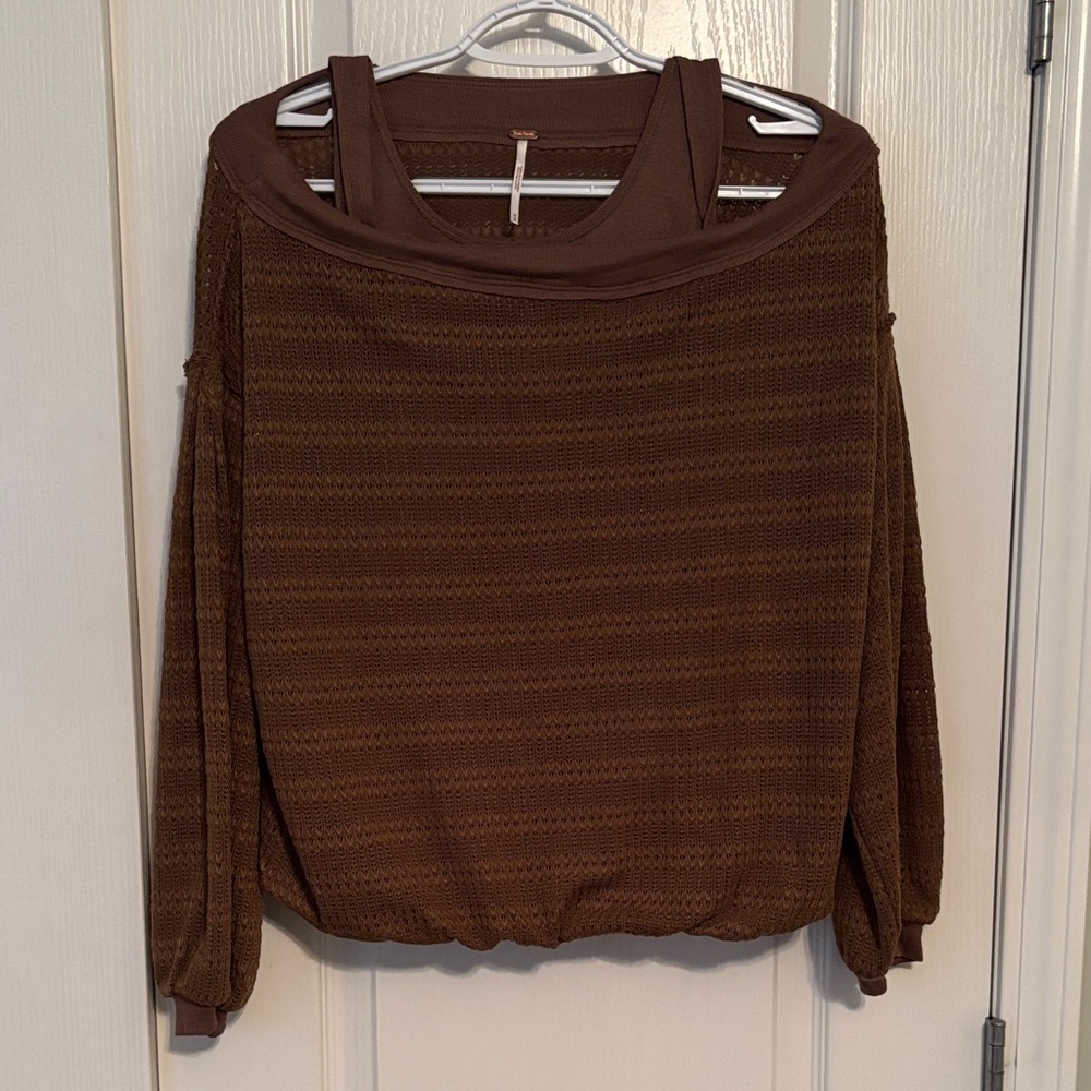 Free People Sistine Hacci Cold Shoulder Balloon Sleeve Brown Sweater size Medium - Picture 2 of 6